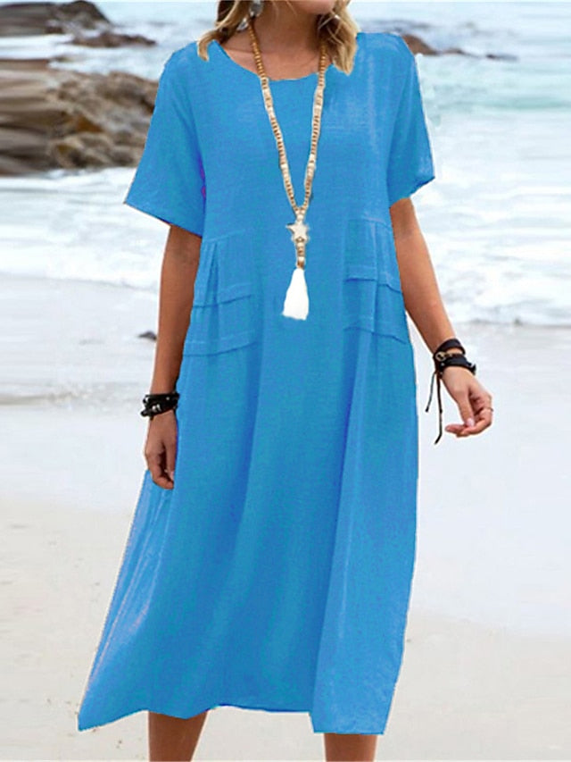 Women's Blue Black Pink Summer Spring Midi Dress Faux