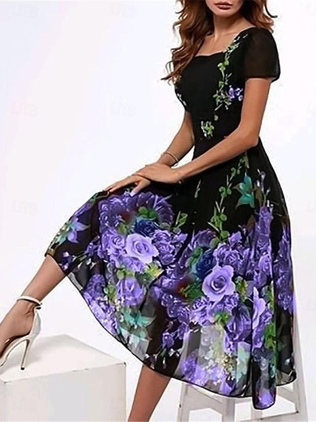 Women's Casual Dress Floral Print Square Neck Midi Dress