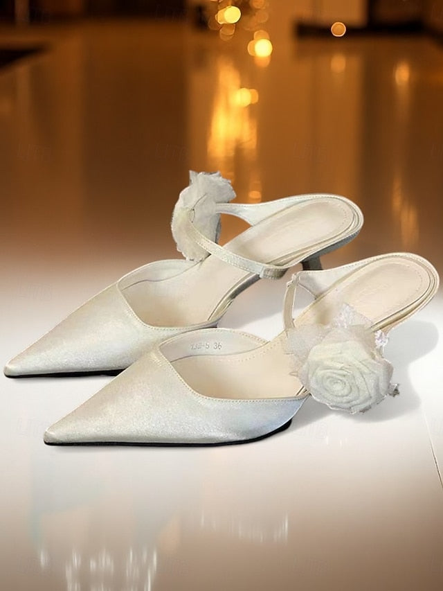 with Floral Heels Women's Toe Satin Pointed Green Ankle