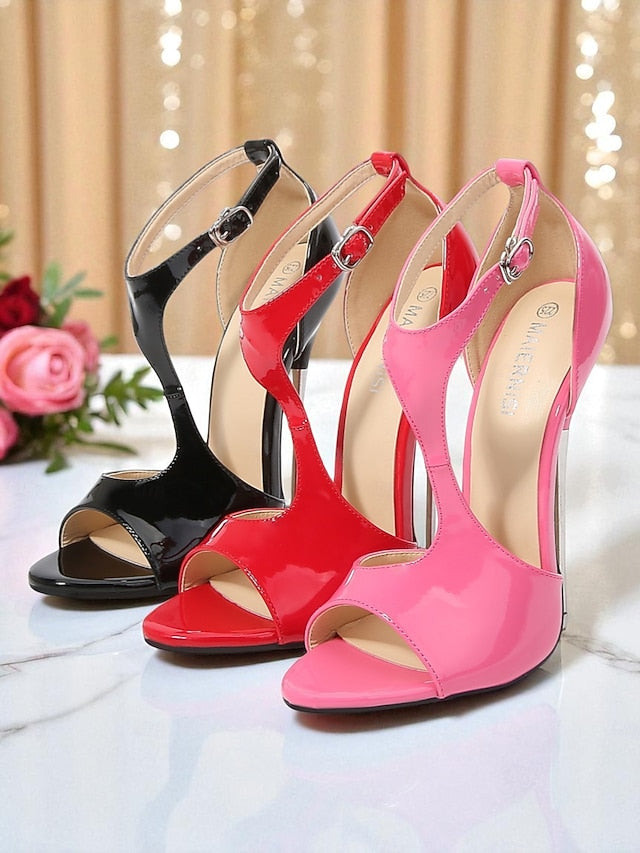 Heels Open Women's - Stiletto Red Patent Leather Strappy