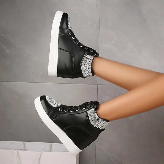 Women's White Rhinestone Wedge Sneakers – Faux Leather