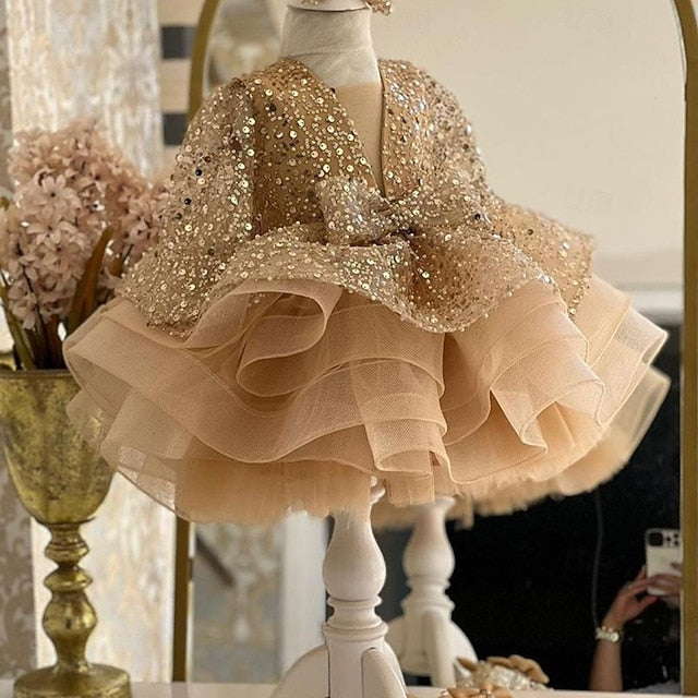 3/4 Kids Color Party Sleeve Length Dress Solid Girls'