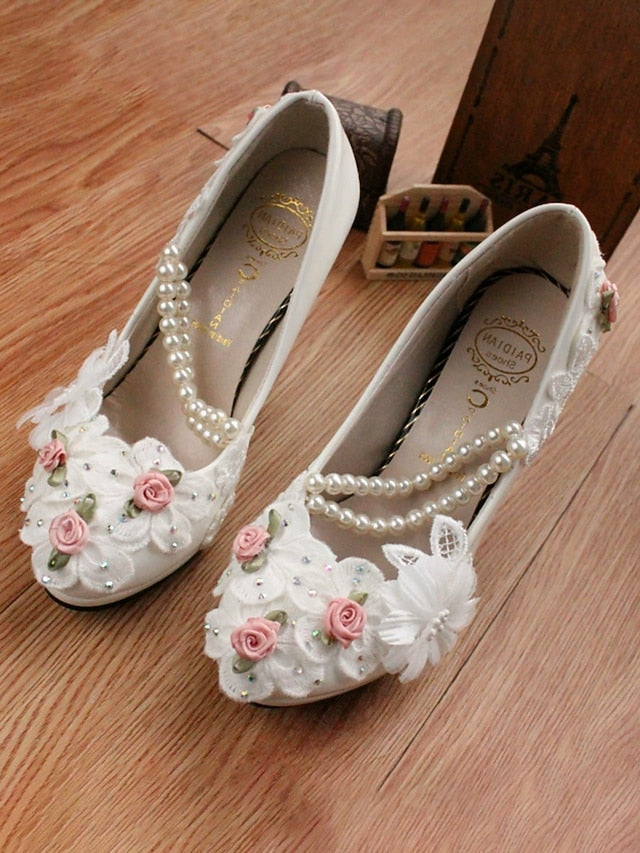 Embellished Pearl Low Heel White Shoes Floral Bridal for Strap