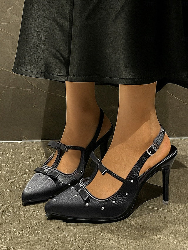 Bows T-Strap Studs – with Satin Purple Heels and Women's