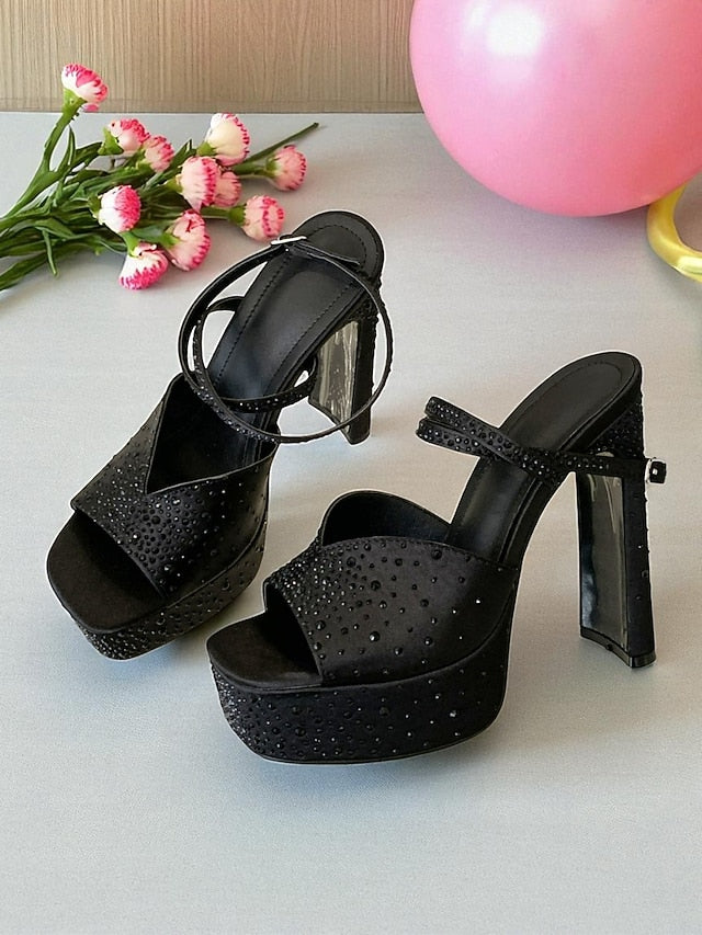 Peep High Heel Platform Women's Sandals with Rhinestone Toe