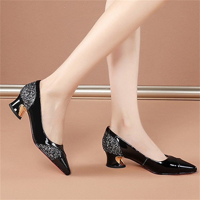 Block Heels Glitter-Accented Patent Women's Leather Faux