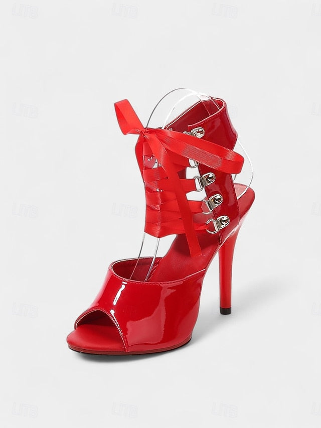 Women's Black Lace-Up Stiletto Sexy Patent Cutout - Sandals