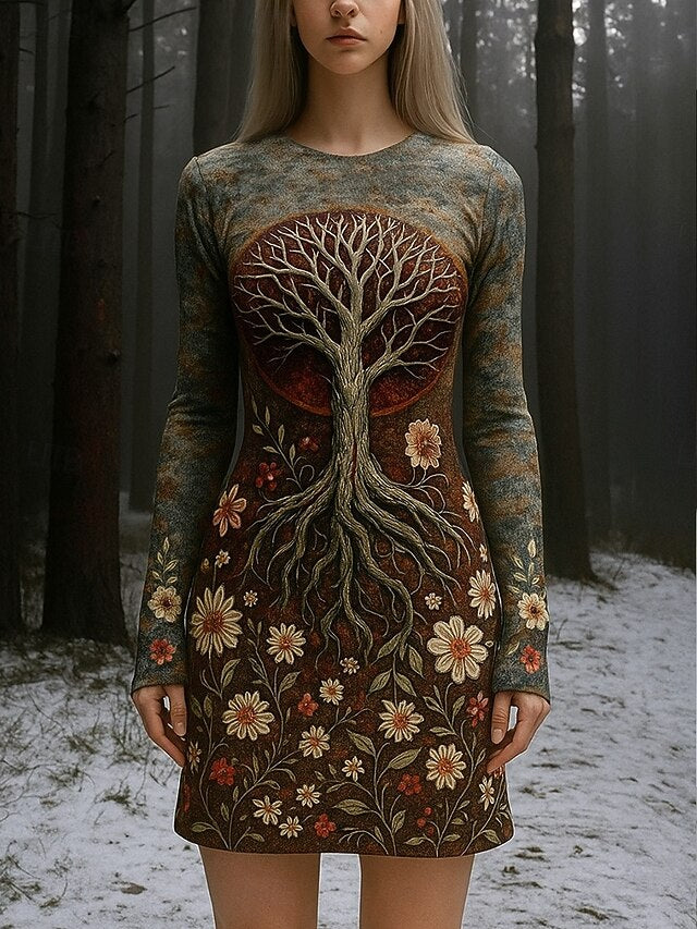 Women's Viking Boho Vintage Tree of Life Mini Dress T Shirt