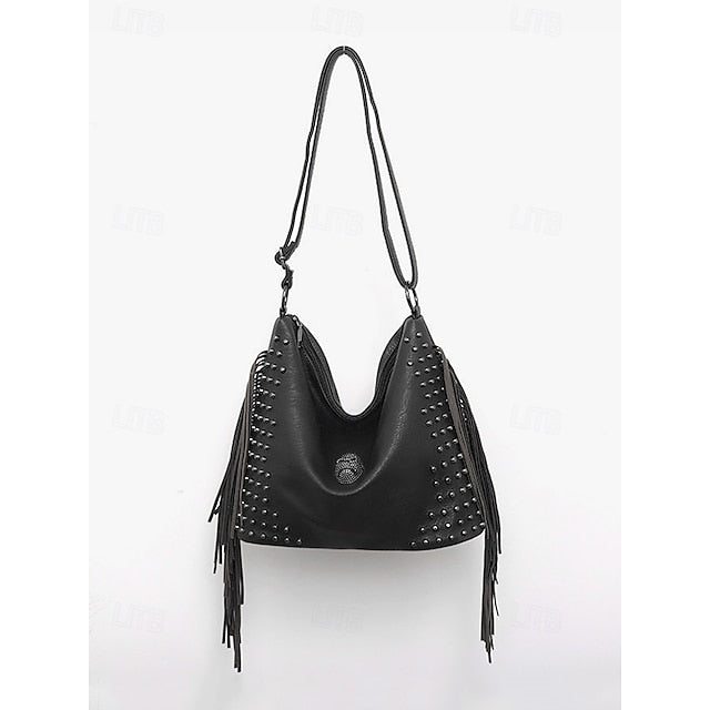 - Brown Leather Boho Studded Bag Women's Hobo Skull Fringe