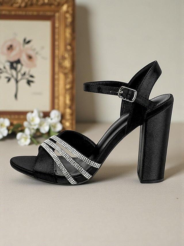 Strap Ankle Toe Women's Block Black - Open Sandals Heel