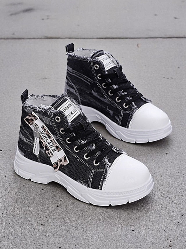 Women's Denim High Top Platform Sneakers with Leopard