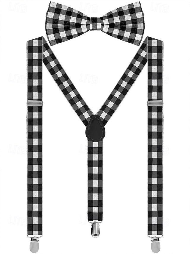 Adjustable Plaid Christmas Bow Set and Suspender Men's Tie