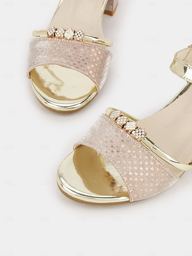 Heel for Block Women Sandals – Rhinestone-Embellished Gold