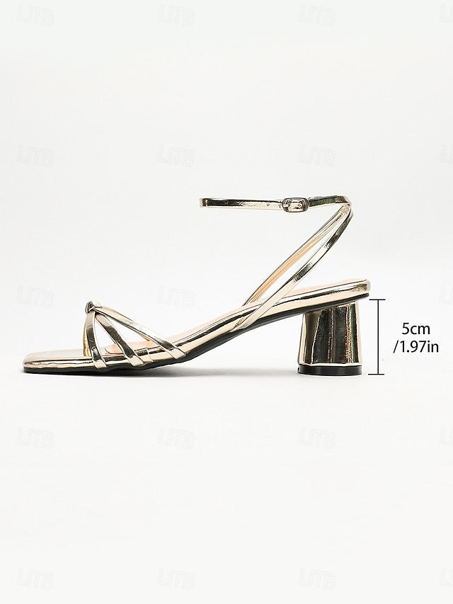 Gold Block Ankle Women's Heels Shiny Metallic Strap –
