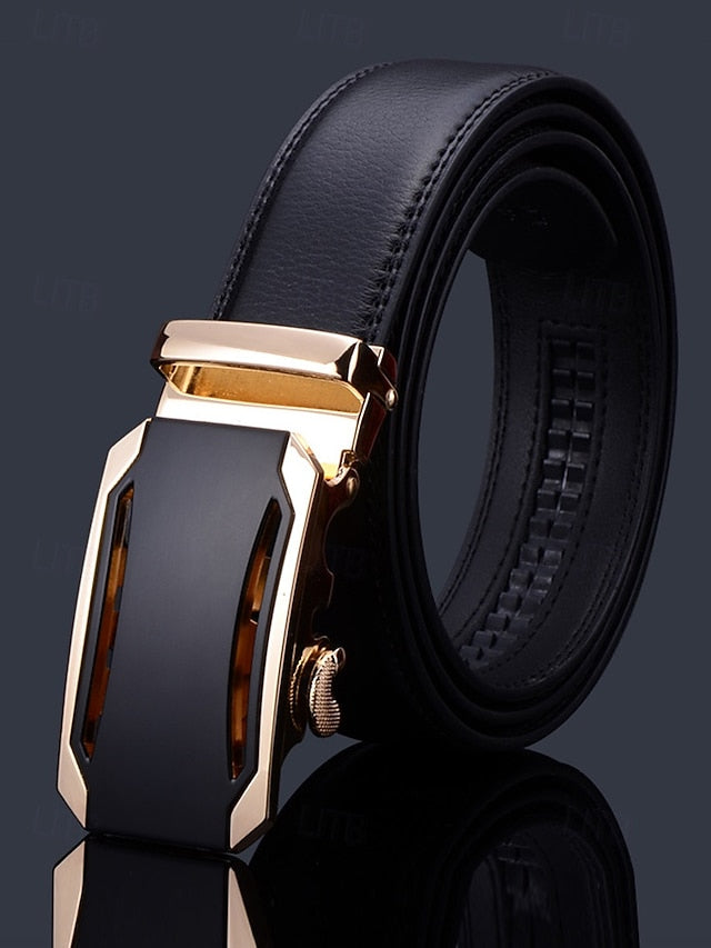 Men's Belt with Leather Adjustable Black Elegant Metal