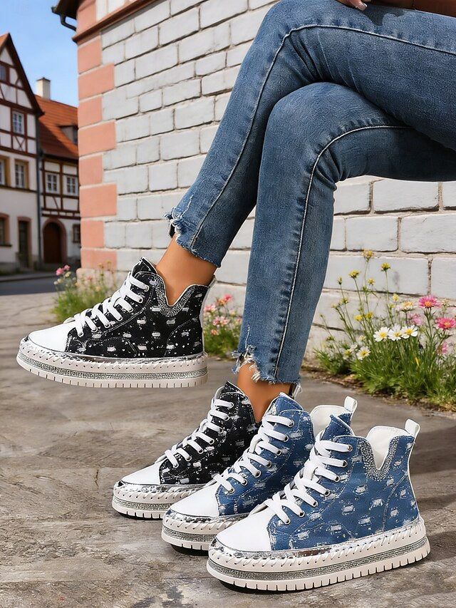 Women's Distressed Denim High-Top Sneakers with Glitter