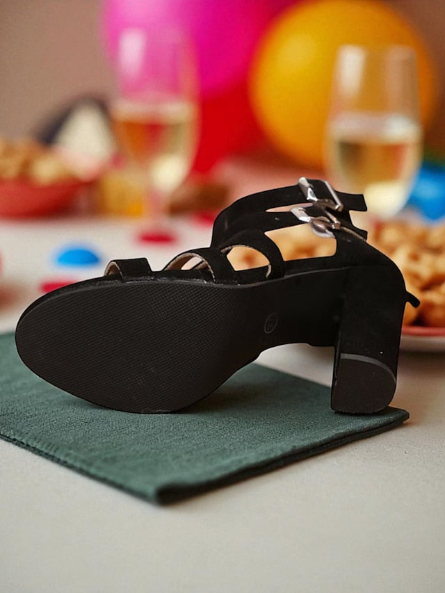 Strappy Block Sandals Toe Suede Open Heel - Women's Black