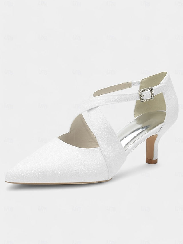 Strap Heels White Kitten Cross Buckle Glitter Rhinestone with