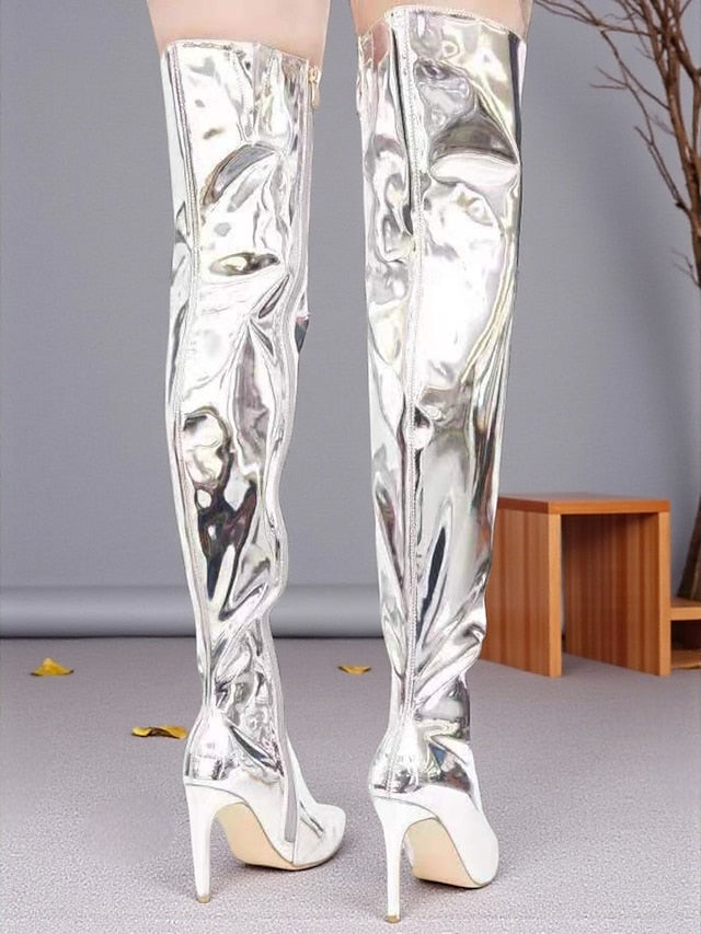 Patent Leather Pointed Toe Over-the-Knee Black Women's