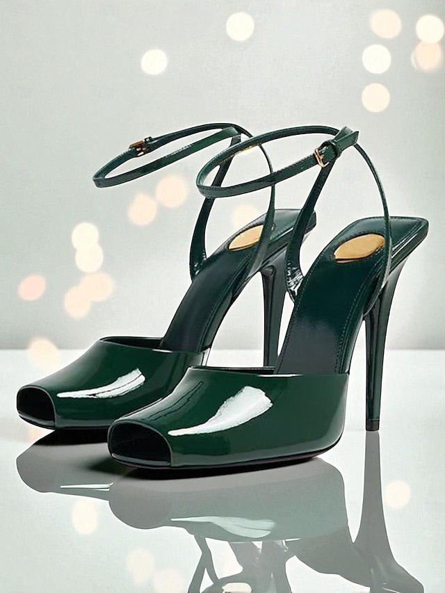 Green - Peep Dark High Women's Heels Patent Leather Toe
