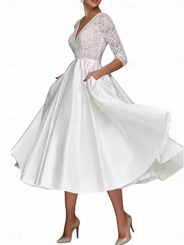 Elegant the Dress Mother A-Line Simple V Tea of Neck Bride