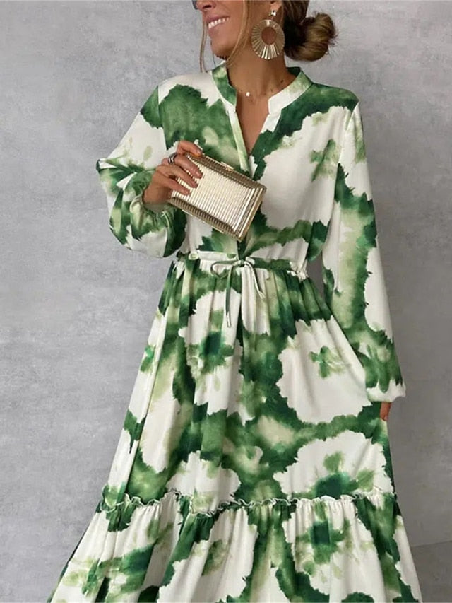 Women's Floral Split Neck Maxi Dress Long Sleeve Summer
