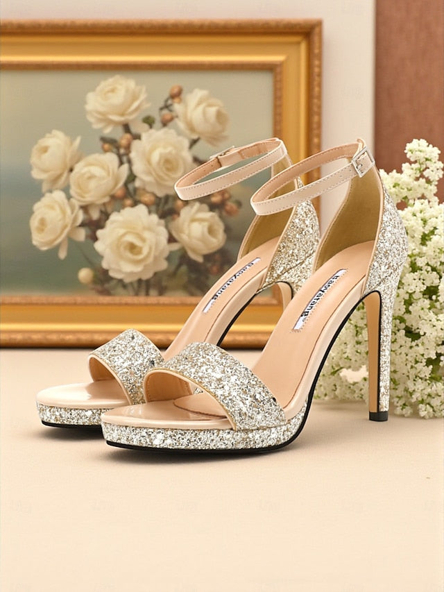 Ankle Women's High Sandals Silver with Strap Glitter Heel