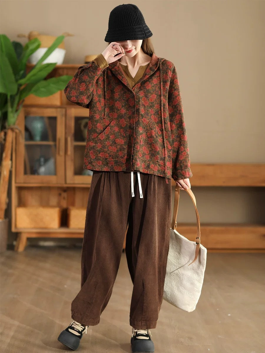 Damen Vintage Herbst Blumen Knopf Baumwolle Leinen Kapuzenmantel AH1013 