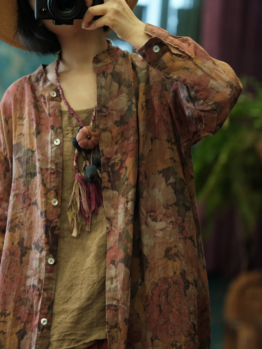 Floral Women Shirt Retro Long Vintage Ramie Button-up