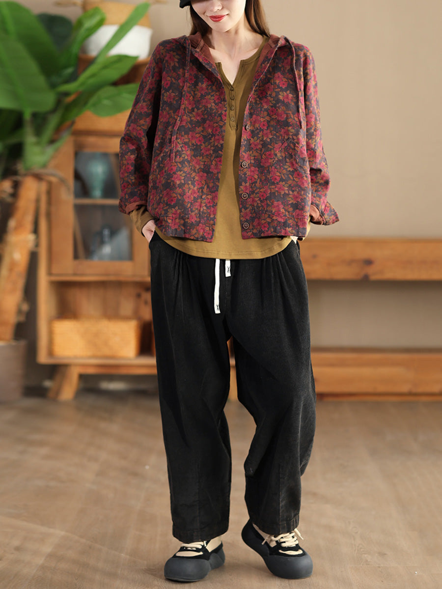 Damen Vintage Herbst Blumen Knopf Baumwolle Leinen Kapuzenmantel AH1013 