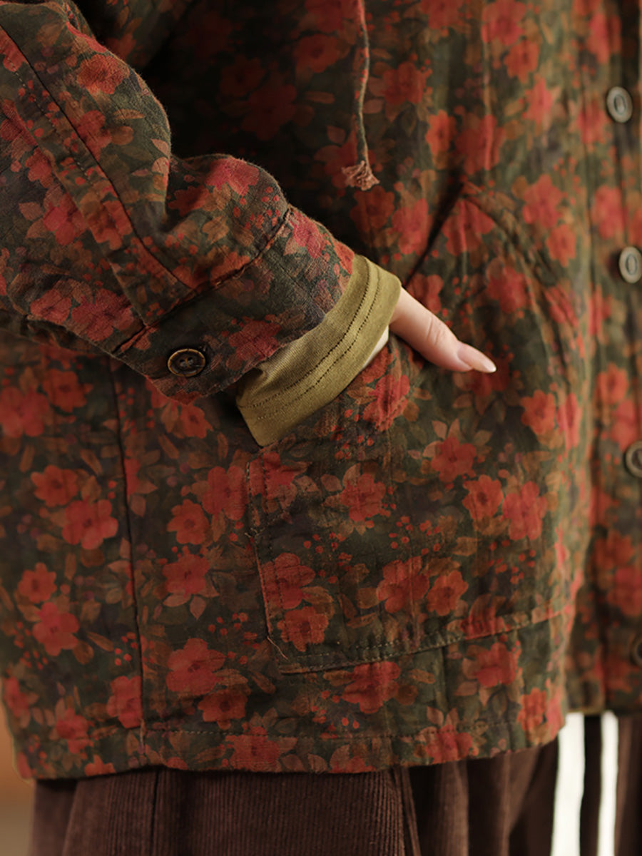 Damen Vintage Herbst Blumen Knopf Baumwolle Leinen Kapuzenmantel AH1013 