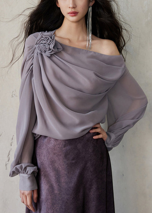 Chiffon Asymmetrical Fashion Sleeve Long Solid Grey Shirt