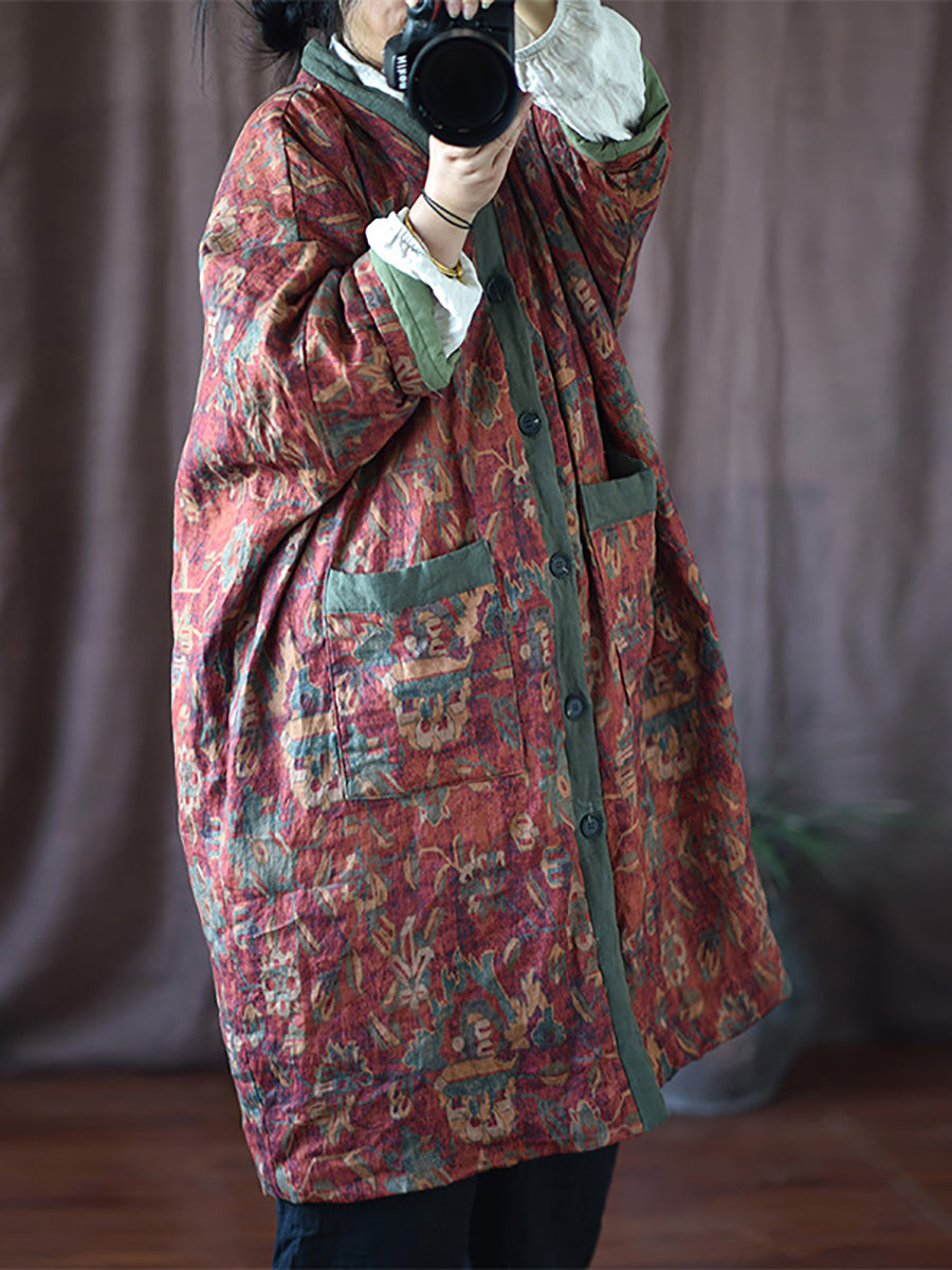 Damen Wintermantel mit V-Ausschnitt und Blumenmuster, Leinen-Baumwolle, RR027