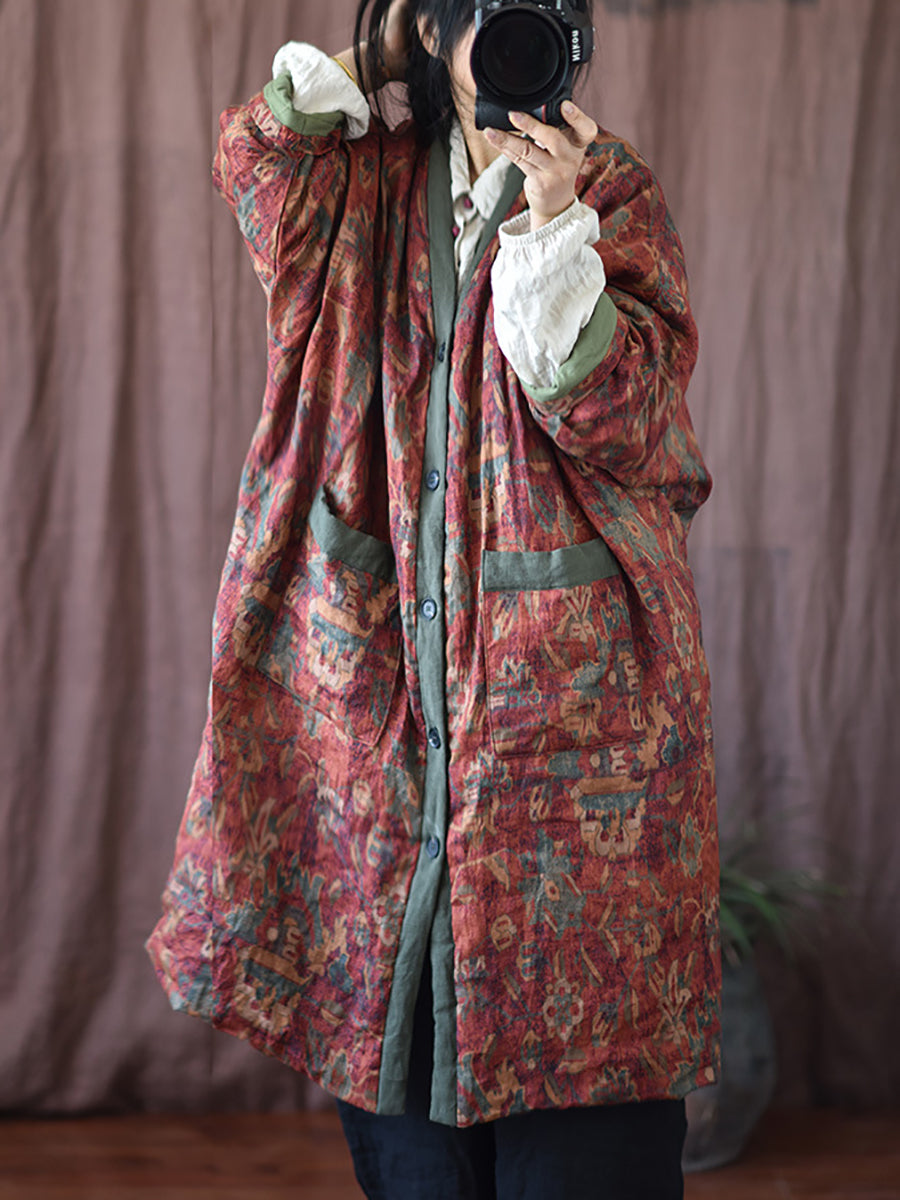 Damen Wintermantel mit V-Ausschnitt und Blumenmuster, Leinen-Baumwolle, RR027