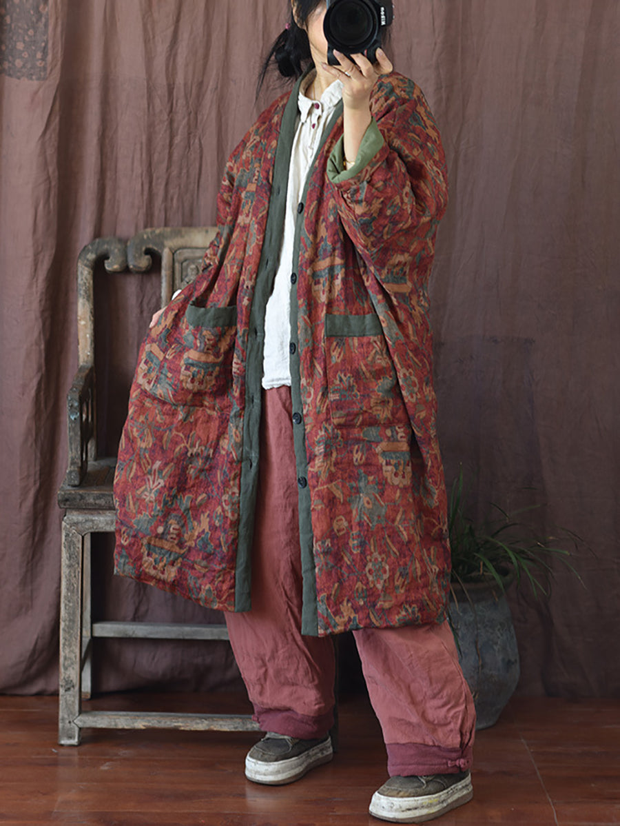 Damen Wintermantel mit V-Ausschnitt und Blumenmuster, Leinen-Baumwolle, RR027