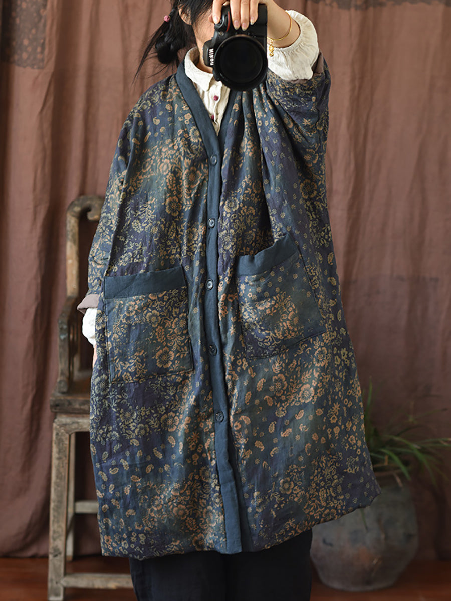 Damen Wintermantel mit V-Ausschnitt und Blumenmuster, Leinen-Baumwolle, RR027