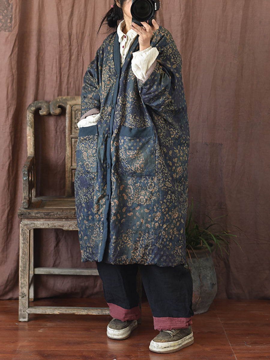 Damen Wintermantel mit V-Ausschnitt und Blumenmuster, Leinen-Baumwolle, RR027