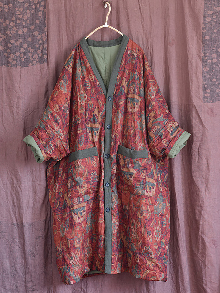 Damen Wintermantel mit V-Ausschnitt und Blumenmuster, Leinen-Baumwolle, RR027