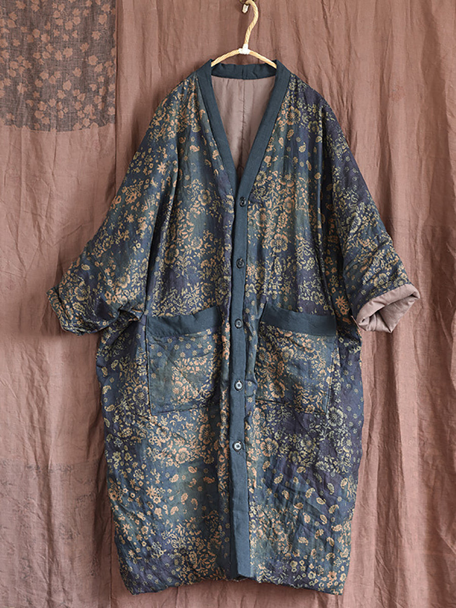 Damen Wintermantel mit V-Ausschnitt und Blumenmuster, Leinen-Baumwolle, RR027