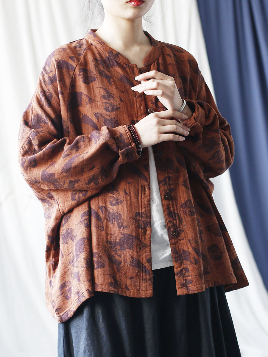 Women Autumn Artsy Leaf Stand Collar Cotton Coat AS1008