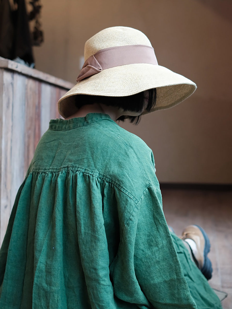 Women Autumn Vintage Green O-Neck Linen Robe Dress AH1005