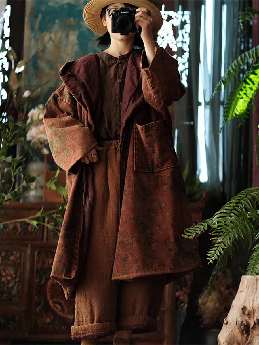 Damen Wintermantel mit Vintage-Blumenmuster und Kapuze aus Baumwolle AX1019