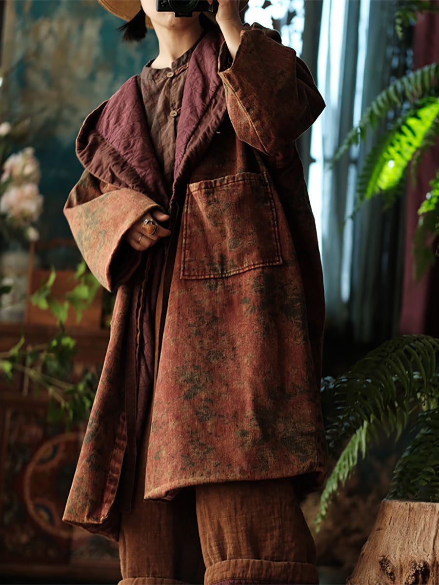 Damen Wintermantel mit Vintage-Blumenmuster und Kapuze aus Baumwolle AX1019