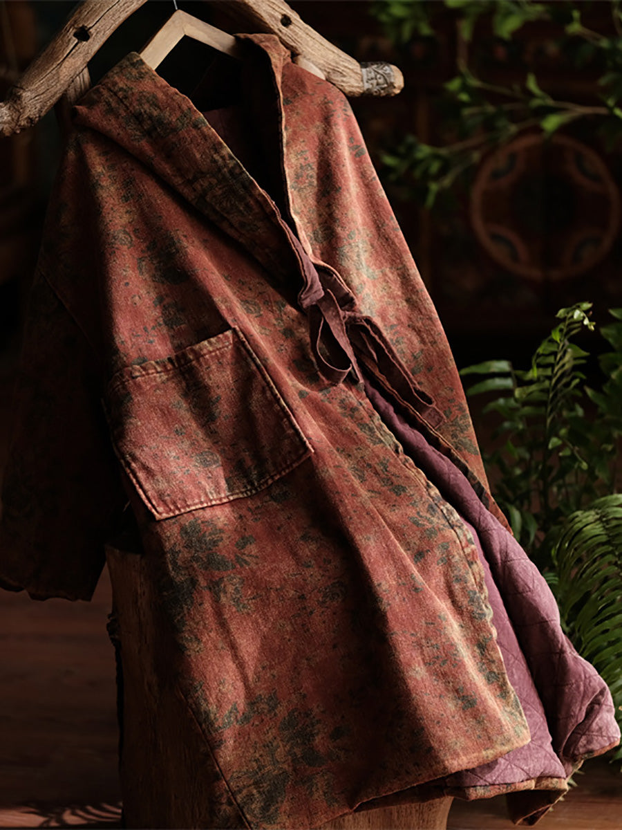 Damen Wintermantel mit Vintage-Blumenmuster und Kapuze aus Baumwolle AX1019