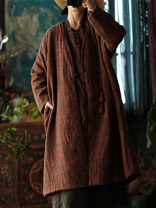 Damen Wintermantel mit Vintage-Blumenmuster, 100 % Baumwolle, V-Ausschnitt, BA1026