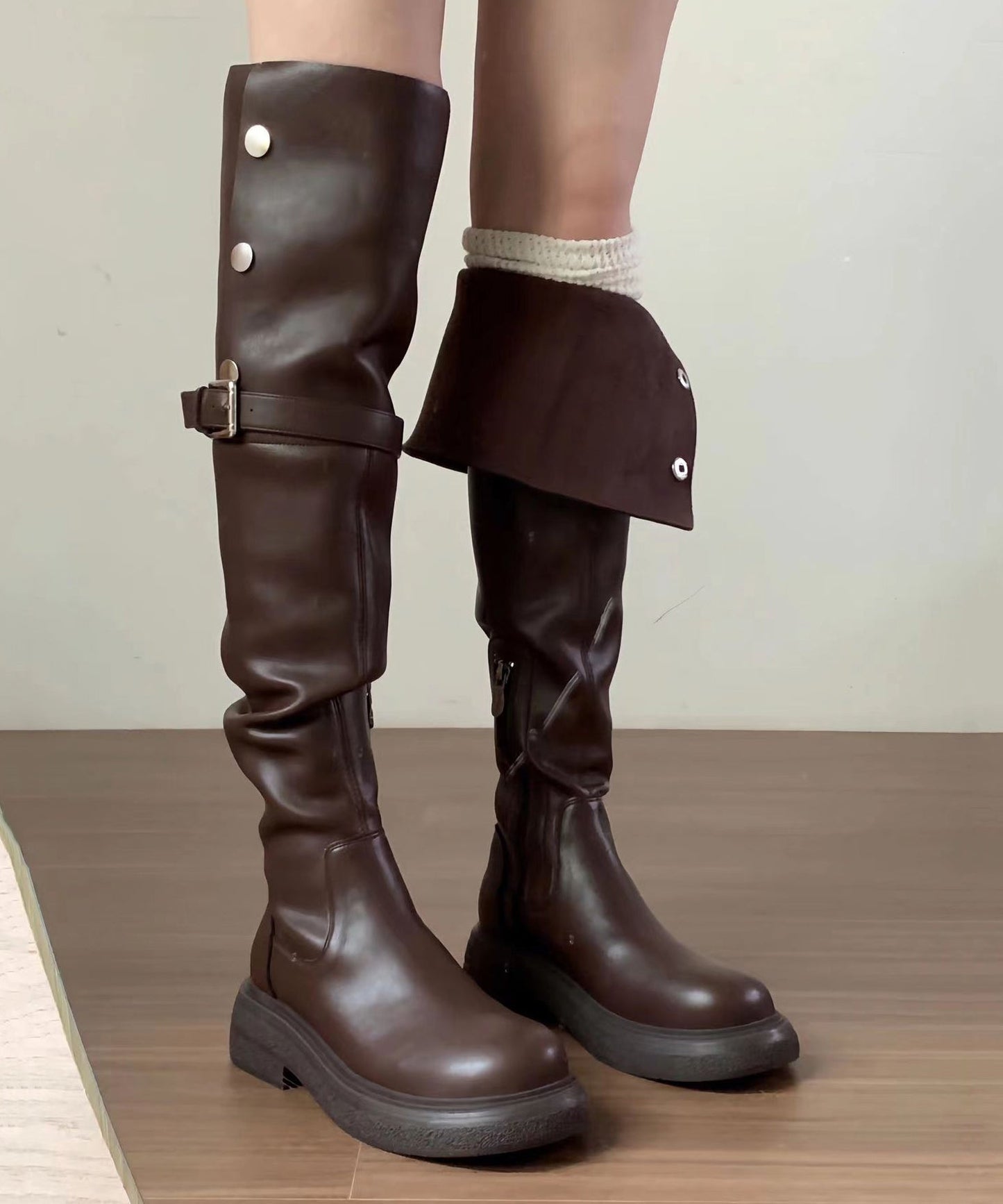 2025 New Versatile Brown Faux Leather Splicing Knee Boots YC009