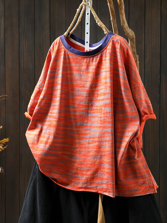 Women Stripe Colorblock Summer Shirt O-Neck Casual