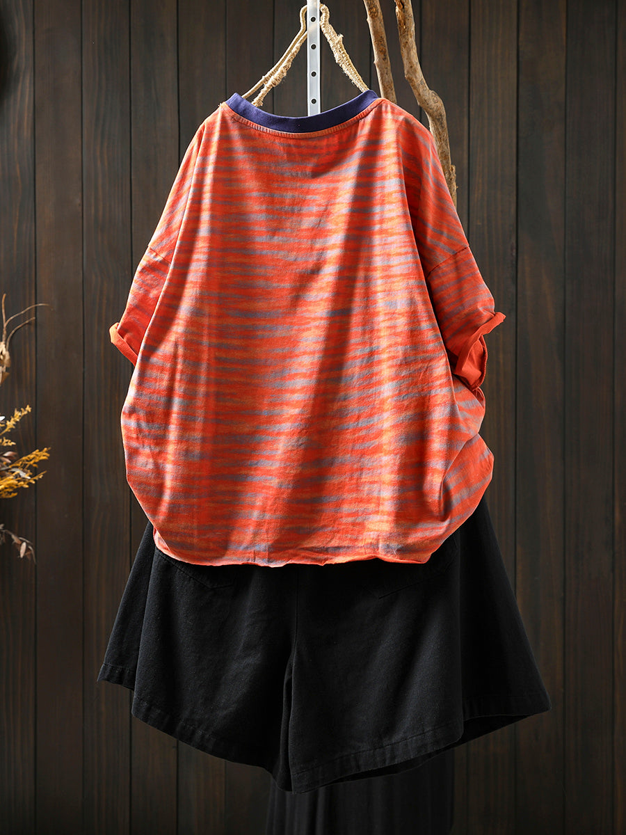 Women Stripe Colorblock Summer Shirt O-Neck Casual