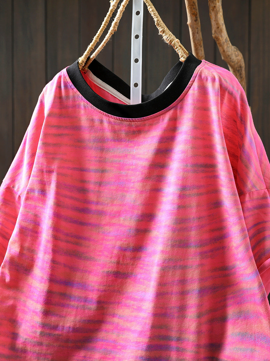 Women Stripe Colorblock Summer Shirt O-Neck Casual