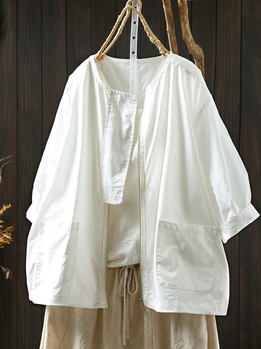 Coat O-Neck Women Color Shirt Zipper Summer Pure